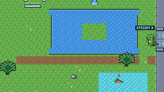 The Biodome: Botzilla by a pond with an island, palm plants, and a capybara resting in a pool
