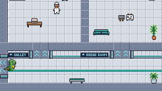 The Crew Deck: Botzilla in a corridor below the galley, where Chef Bun stands by a cake and a toaster sits at a chess board