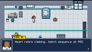 The Hatchery: Dr. B beside an incubation tank holding a large egg, with WordCounter floating nearby. Dr. B says: Heart rate's climbing. Hatch sequence at 98%.