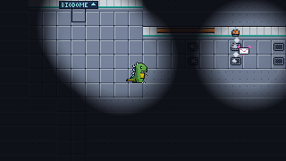 A dark maintenance tunnel lit in two pools of light, with Botzilla's spines glowing, a steam vent and a small envelope-shaped drone