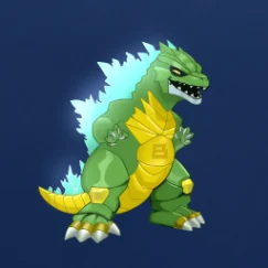 Botzilla, a green cartoon kaiju with yellow armour plates and glowing blue spines
